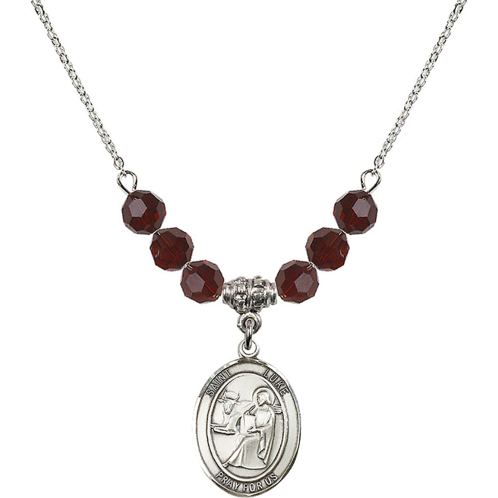 Sterling Silver Saint Luke the Apostle Birthstone Necklace with Garnet Beads - 8068