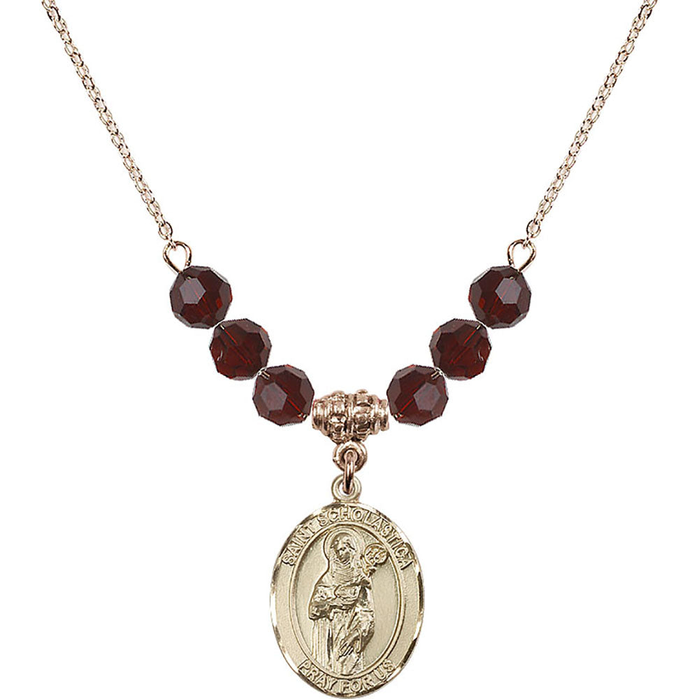 14kt Gold Filled Saint Scholastica Birthstone Necklace with Garnet Beads - 8099
