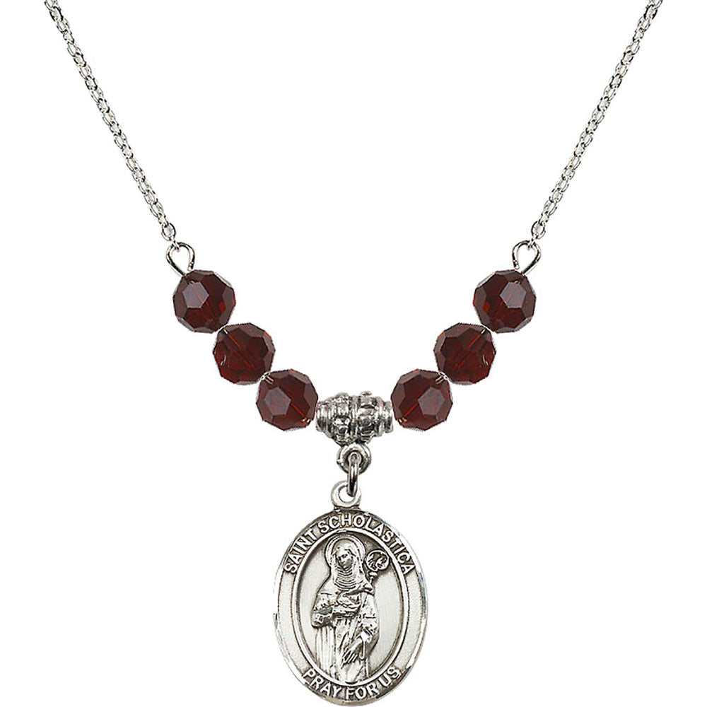 Sterling Silver Saint Scholastica Birthstone Necklace with Garnet Beads - 8099