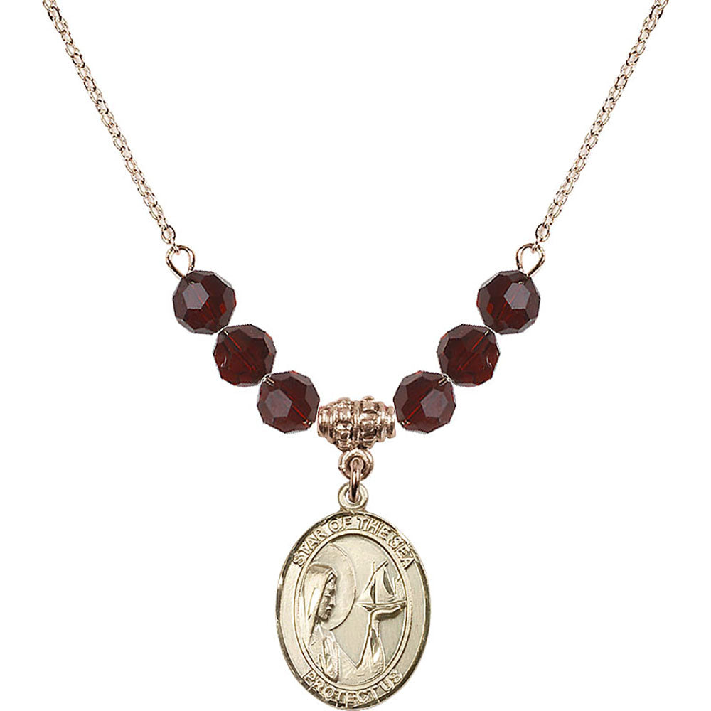 14kt Gold Filled Our Lady Star of the Sea Birthstone Necklace with Garnet Beads - 8101