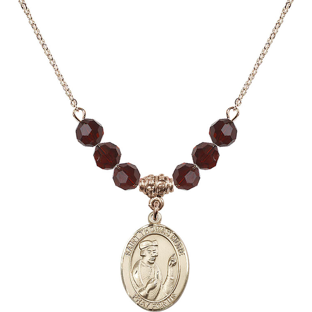 14kt Gold Filled Saint Thomas More Birthstone Necklace with Garnet Beads - 8109