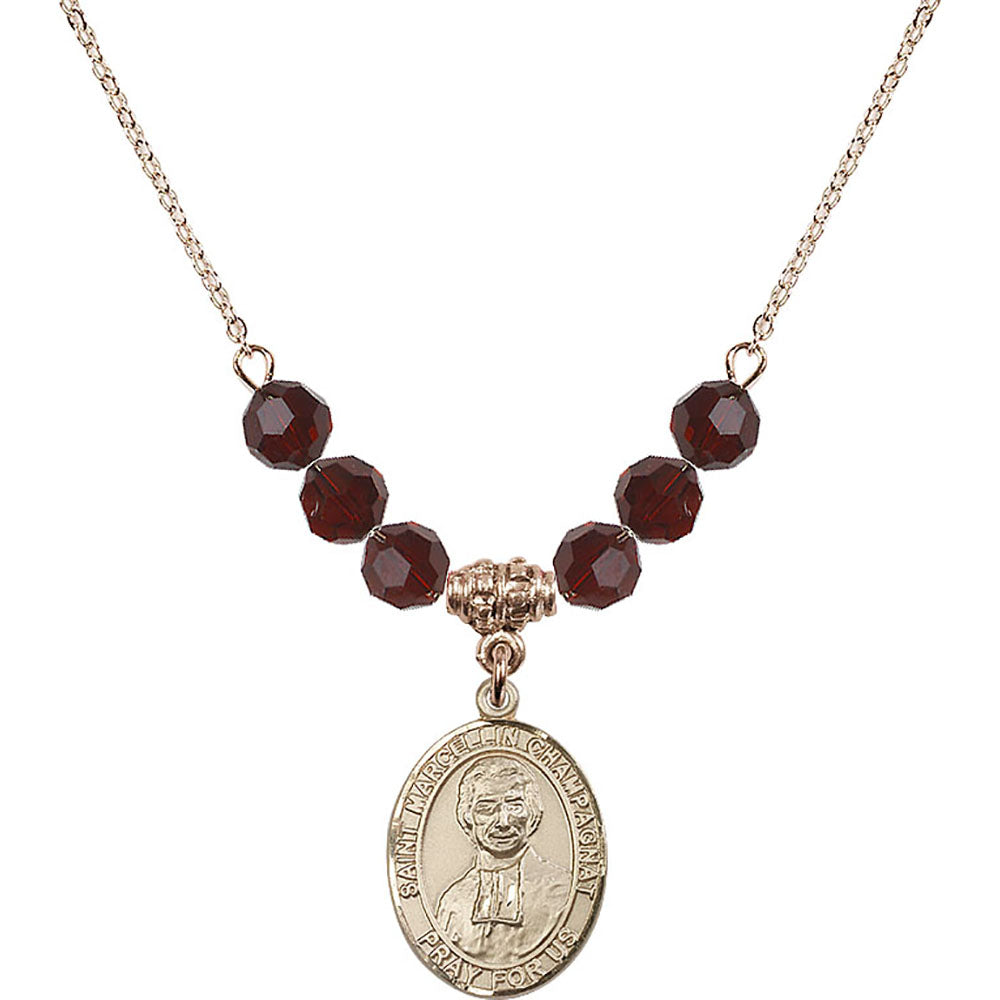 14kt Gold Filled Saint Marcellin Champagnat Birthstone Necklace with Garnet Beads - 8131