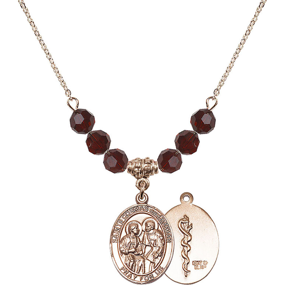 14kt Gold Filled Saints Cosmas & Damian / Doctors Birthstone Necklace with Garnet Beads - 8132