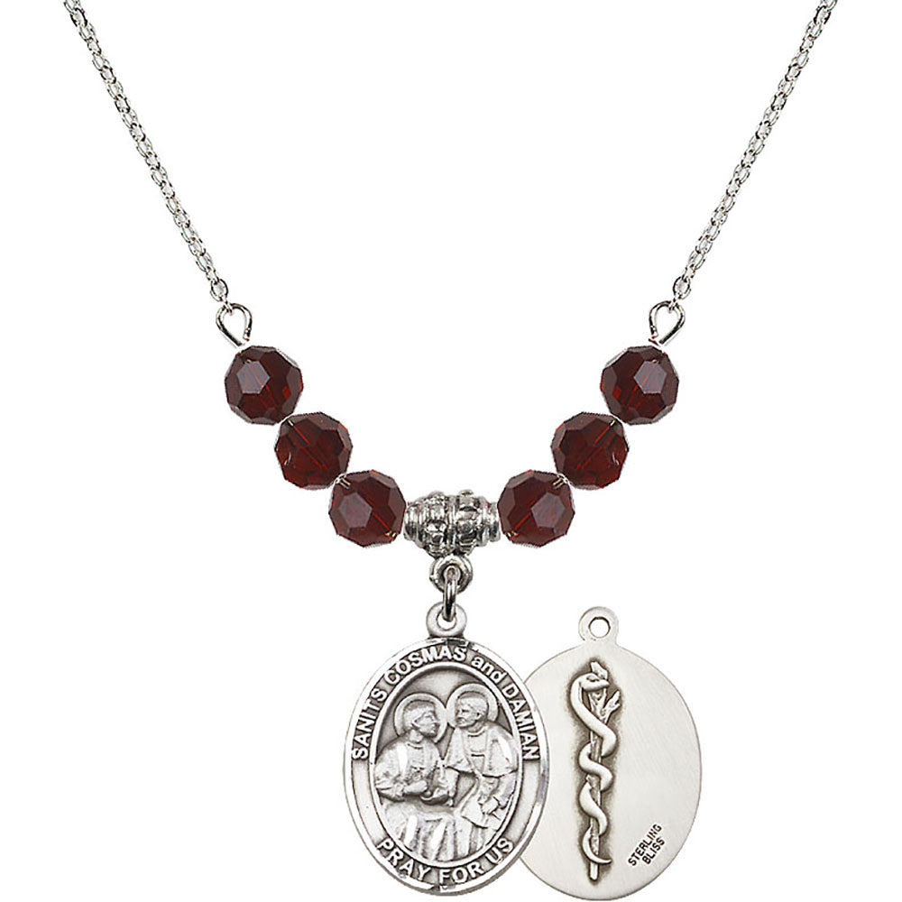 Sterling Silver Saints Cosmas & Damian / Doctors Birthstone Necklace with Garnet Beads - 8132