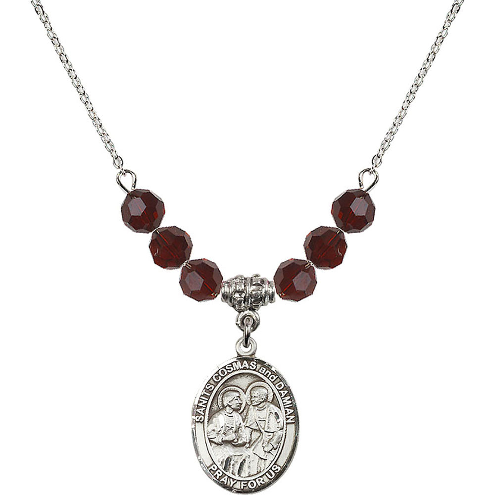 Sterling Silver Saints Cosmas & Damian Birthstone Necklace with Garnet Beads - 8132