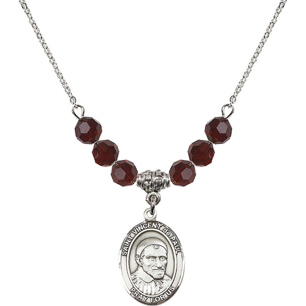 Sterling Silver Saint Vincent De Paul Birthstone Necklace with Garnet Beads - 8134