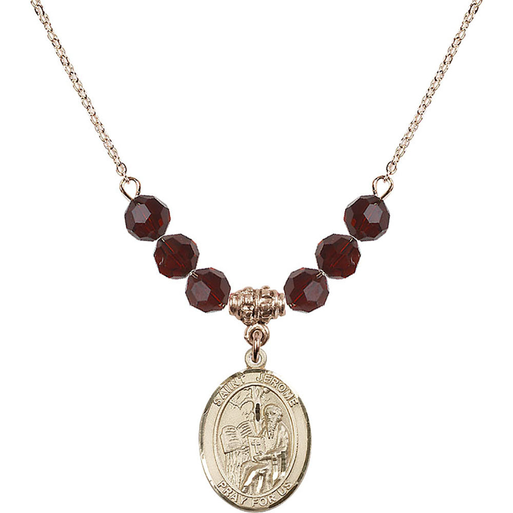 14kt Gold Filled Saint Jerome Birthstone Necklace with Garnet Beads - 8135