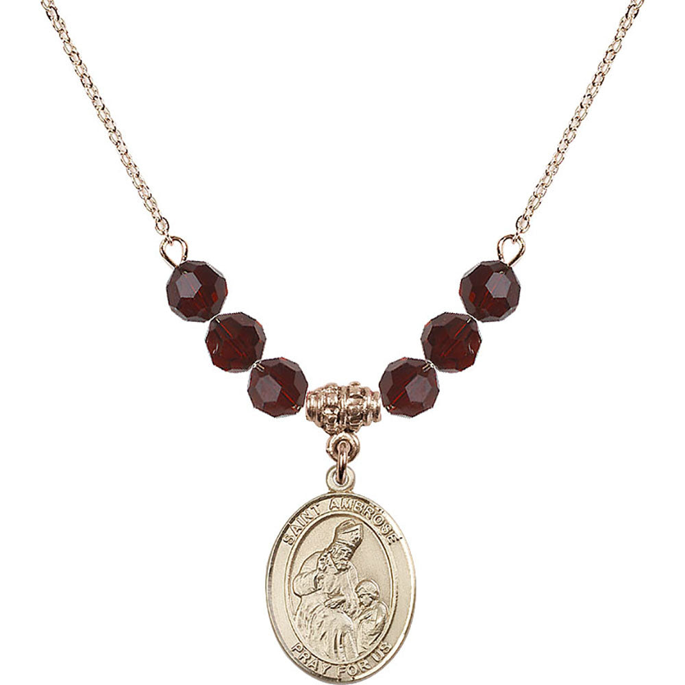 14kt Gold Filled Saint Ambrose Birthstone Necklace with Garnet Beads - 8137