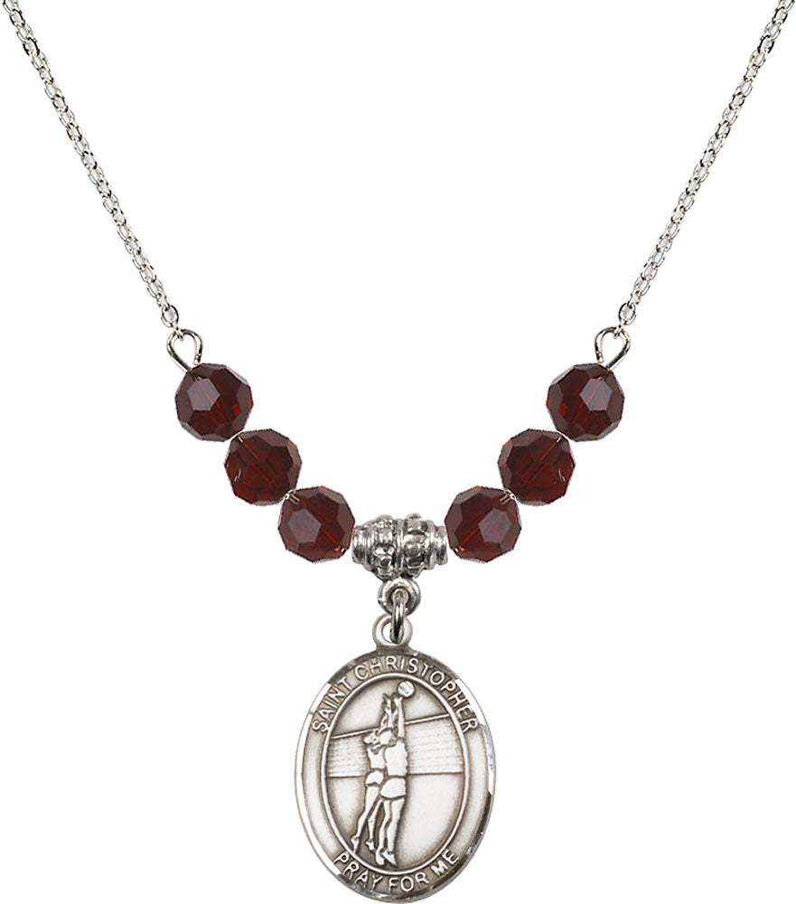 Sterling Silver Saint Christopher/Volleyball Birthstone Necklace with Garnet Beads - 8138