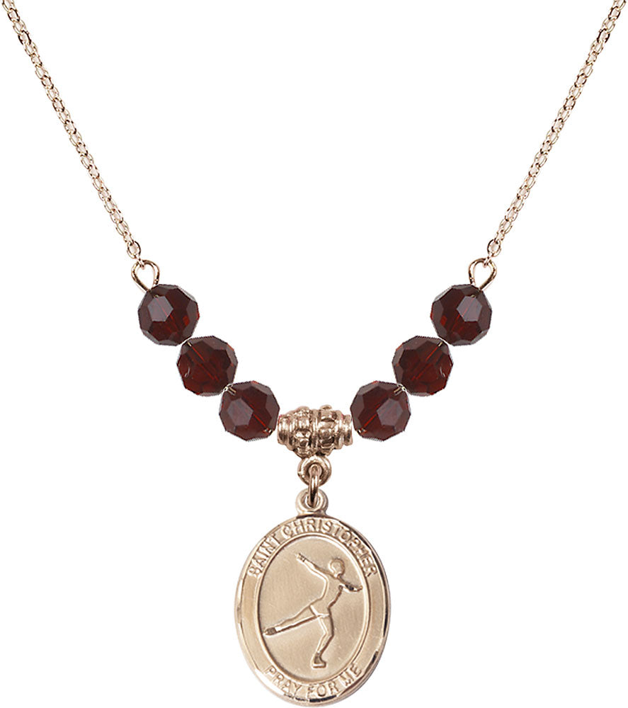 14kt Gold Filled Saint Christopher/Figure Skating Birthstone Necklace with Garnet Beads - 8139