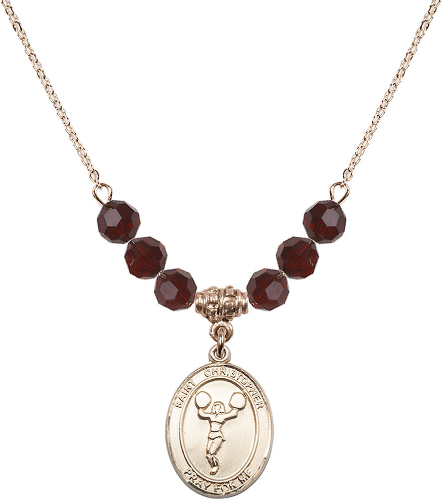 14kt Gold Filled Saint Christopher/Cheerleading Birthstone Necklace with Garnet Beads - 8140