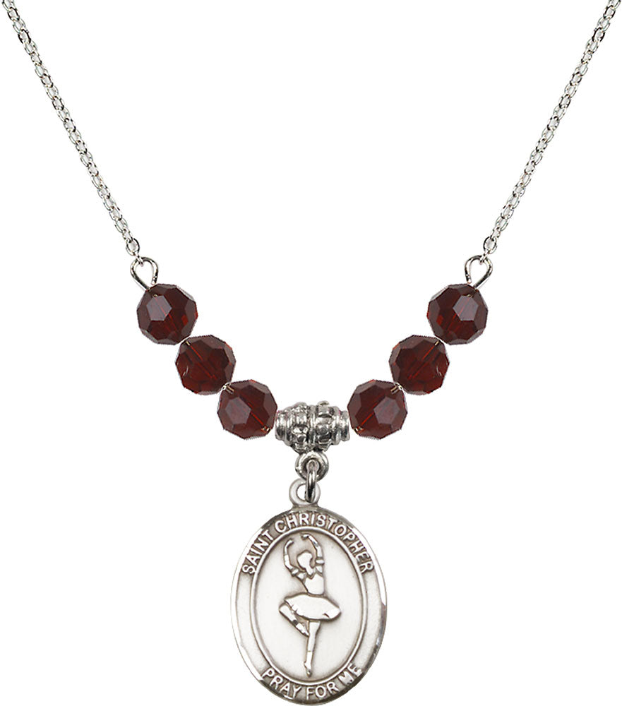 Sterling Silver Saint Christopher/Dance Birthstone Necklace with Garnet Beads - 8143