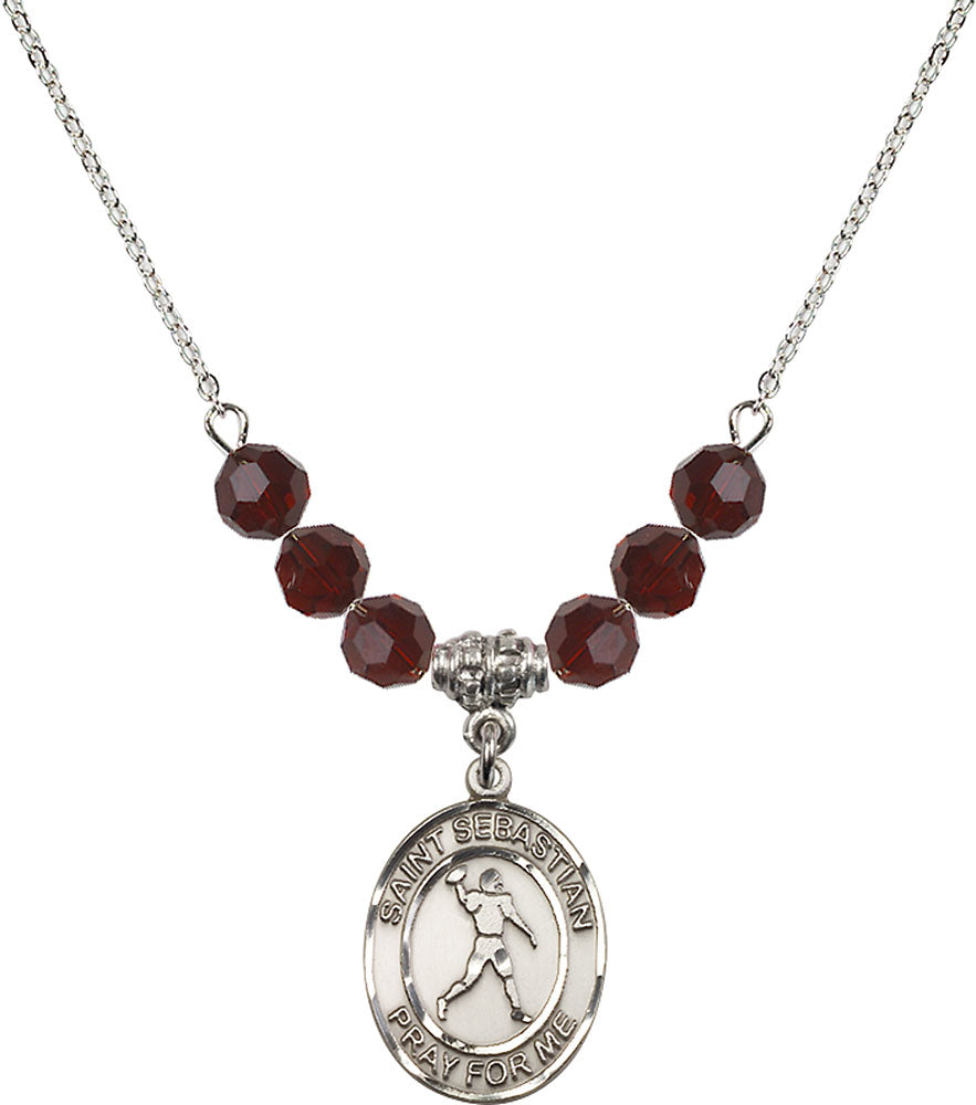 Sterling Silver Saint Sebastian/Football Birthstone Necklace with Garnet Beads - 8161