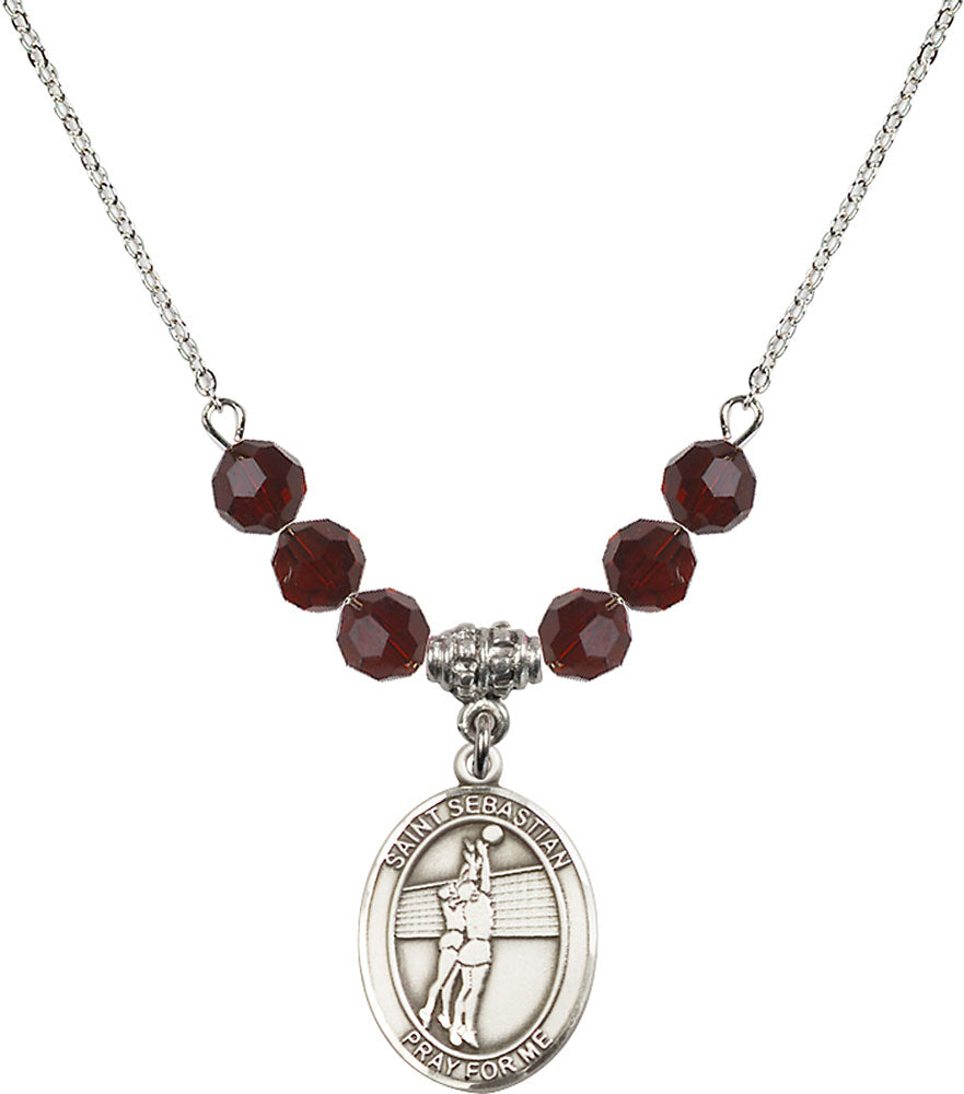 Sterling Silver Saint Sebastian / Volleyball Birthstone Necklace with Garnet Beads - 8186