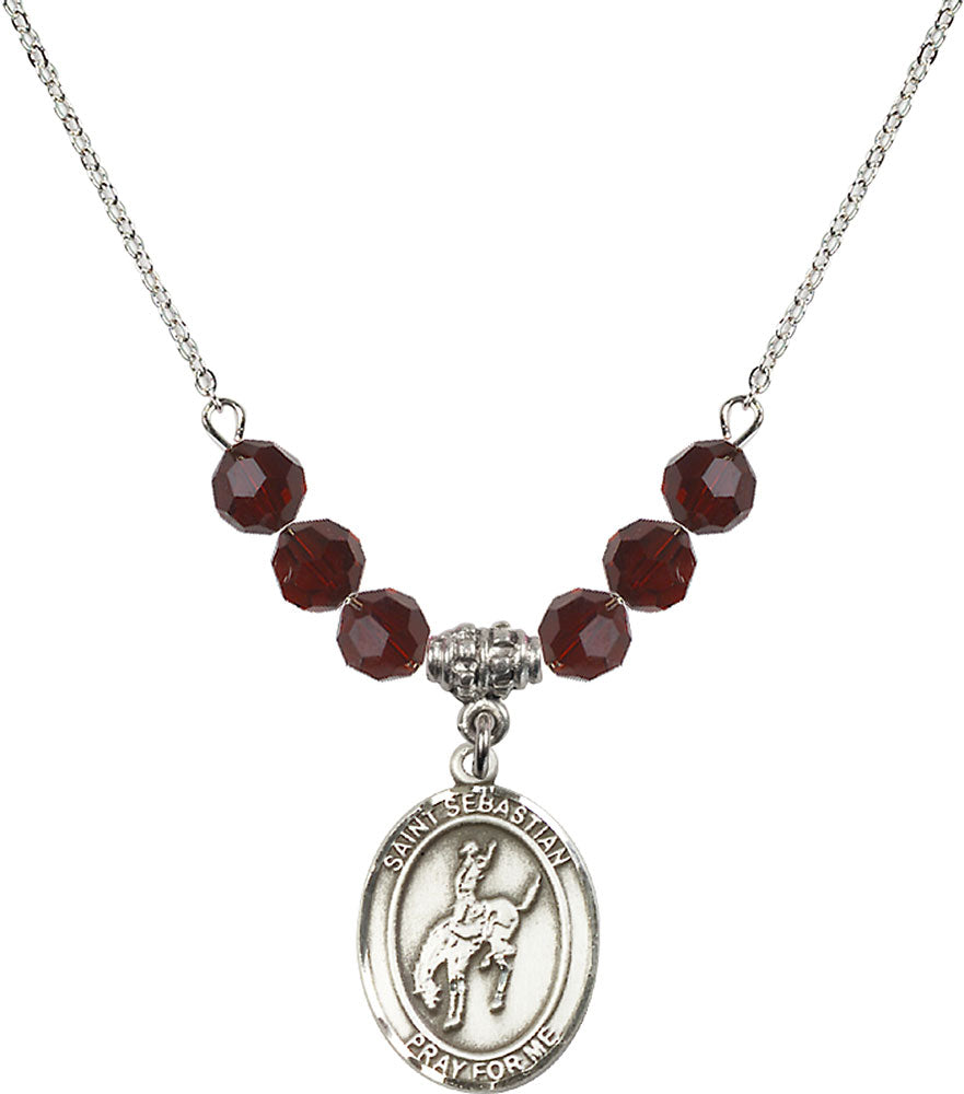 Sterling Silver Saint Sebastian / Rodeo Birthstone Necklace with Garnet Beads - 8191