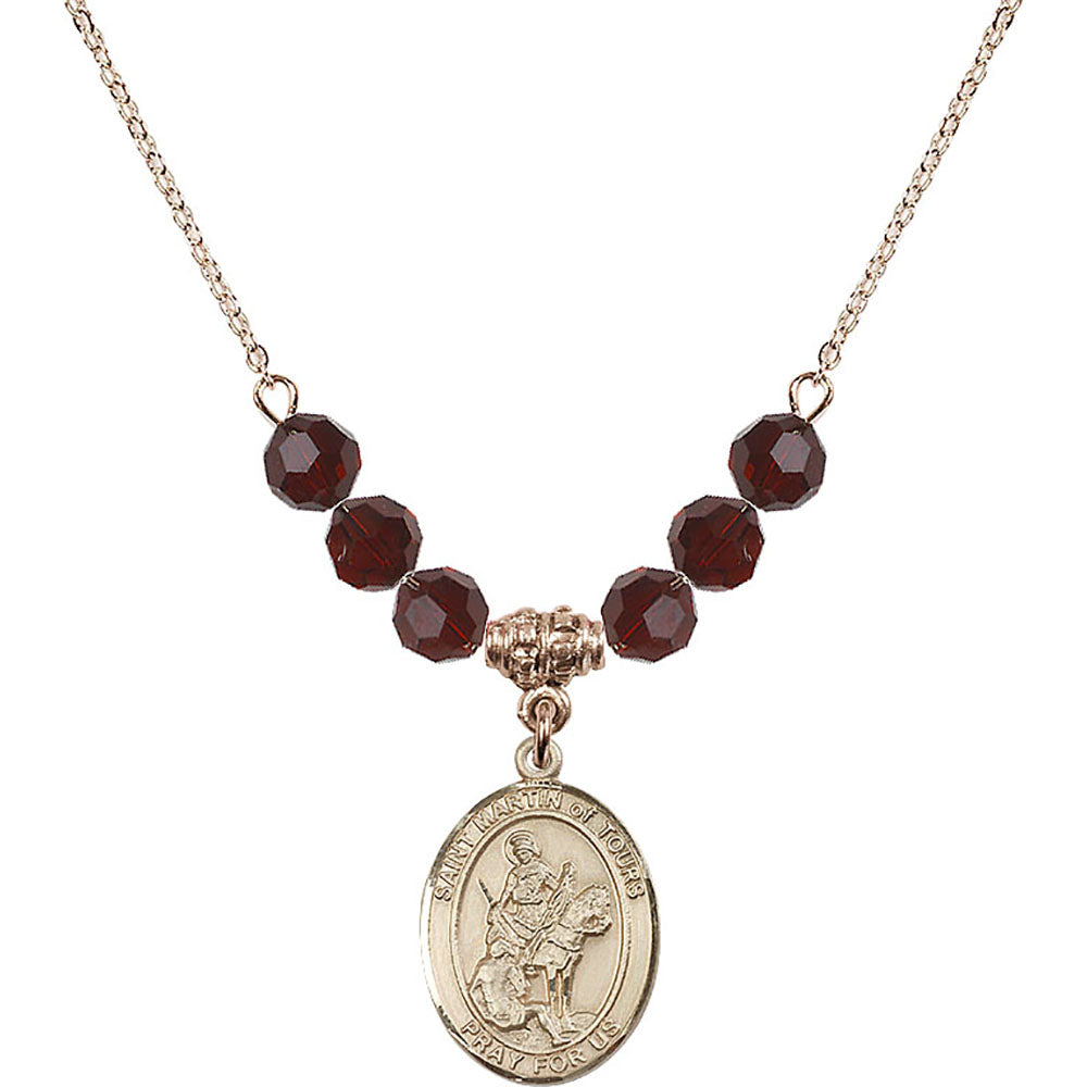 14kt Gold Filled Saint Martin of Tours Birthstone Necklace with Garnet Beads - 8200