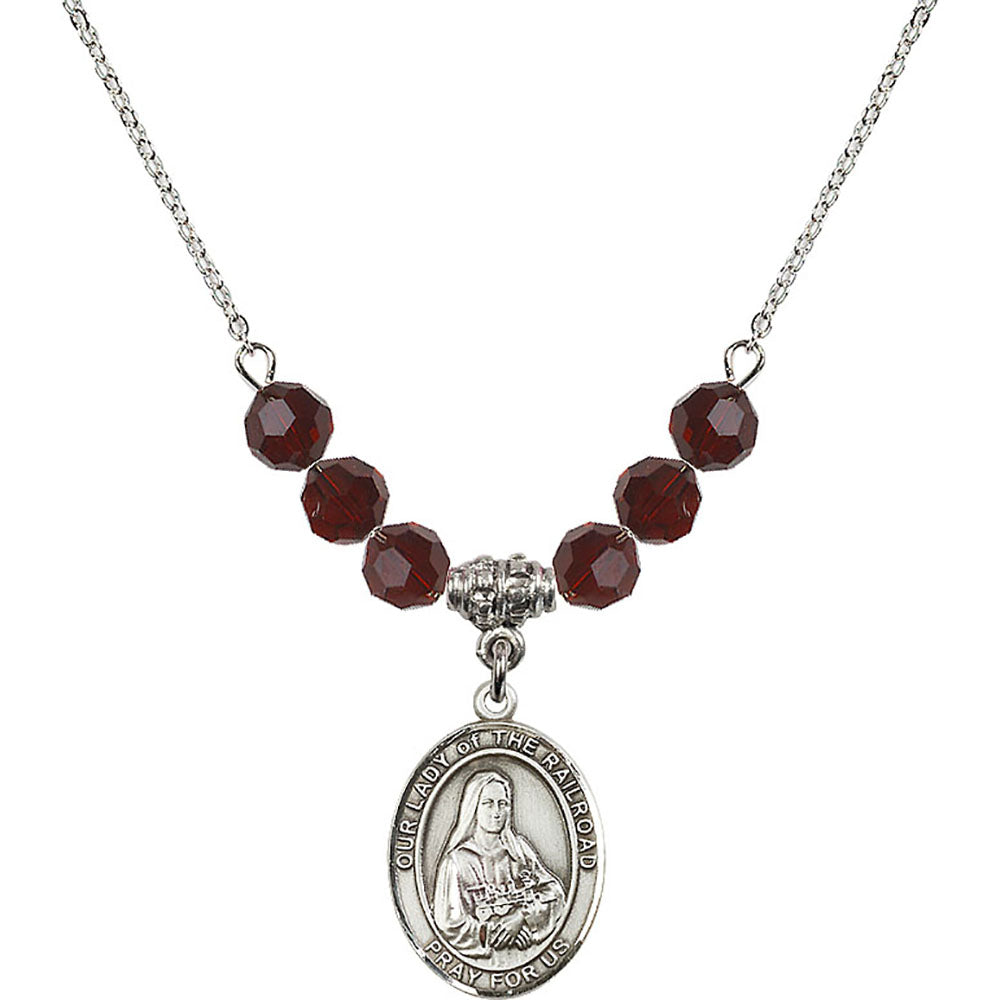 Sterling Silver Our Lady of the Railroad Birthstone Necklace with Garnet Beads - 8247
