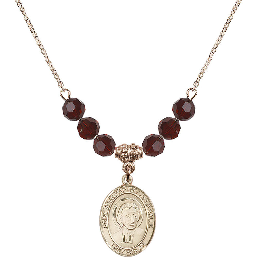 14kt Gold Filled Saint John Baptist de la Salle Birthstone Necklace with Garnet Beads - 8262