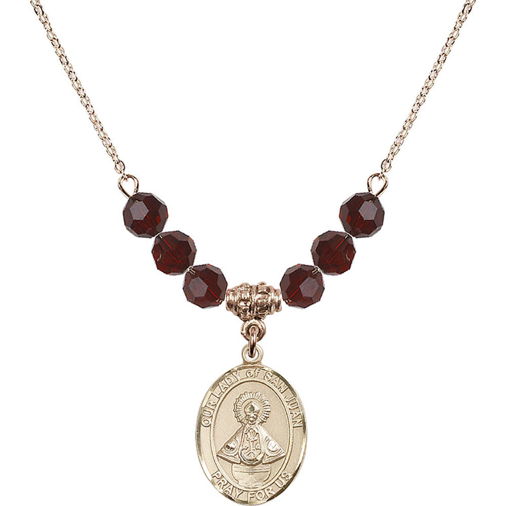 14kt Gold Filled Our Lady of San Juan Birthstone Necklace with Garnet Beads - 8263