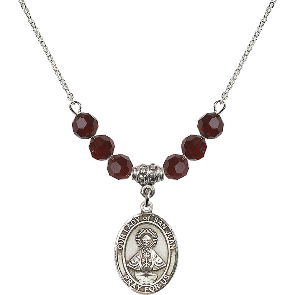 Sterling Silver Our Lady of San Juan Birthstone Necklace with Garnet Beads - 8263