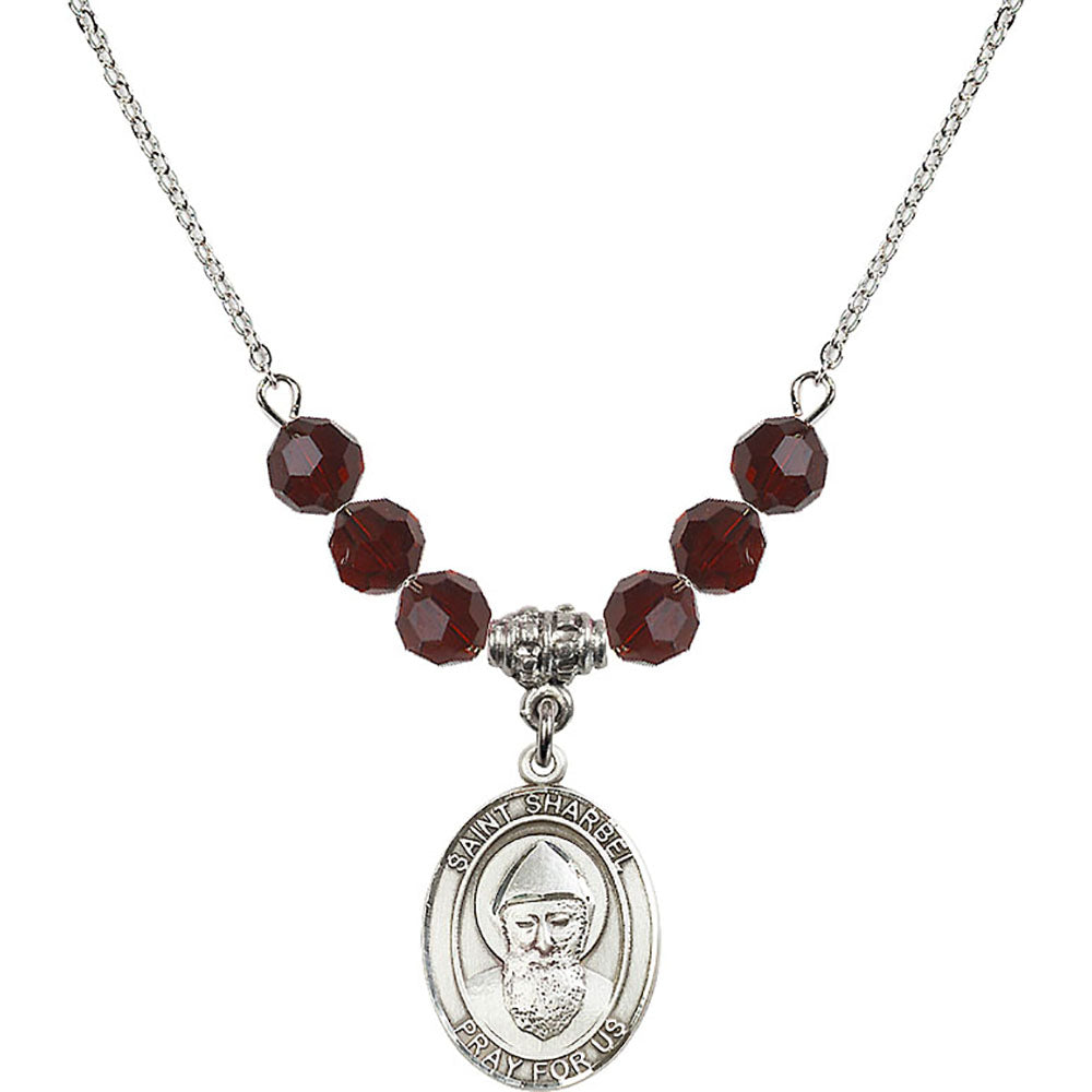 Sterling Silver Saint Sharbel Birthstone Necklace with Garnet Beads - 8271