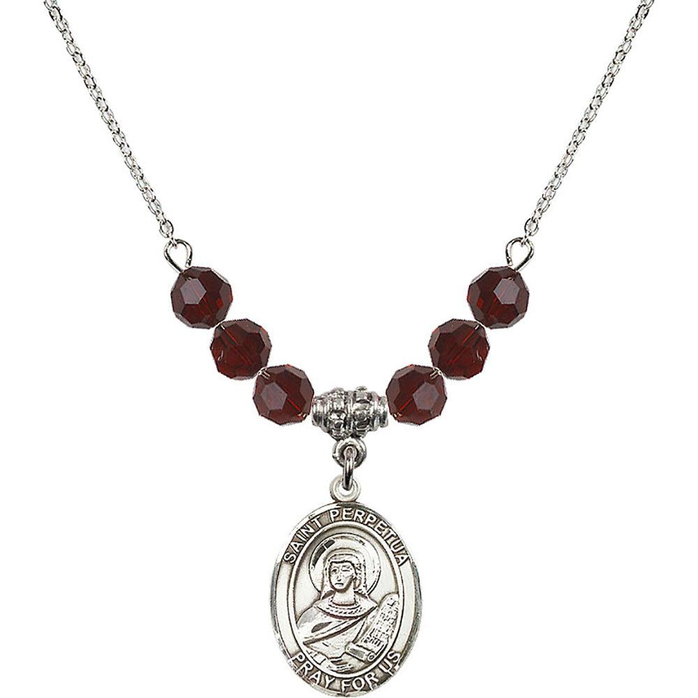 Sterling Silver Saint Perpetua Birthstone Necklace with Garnet Beads - 8272