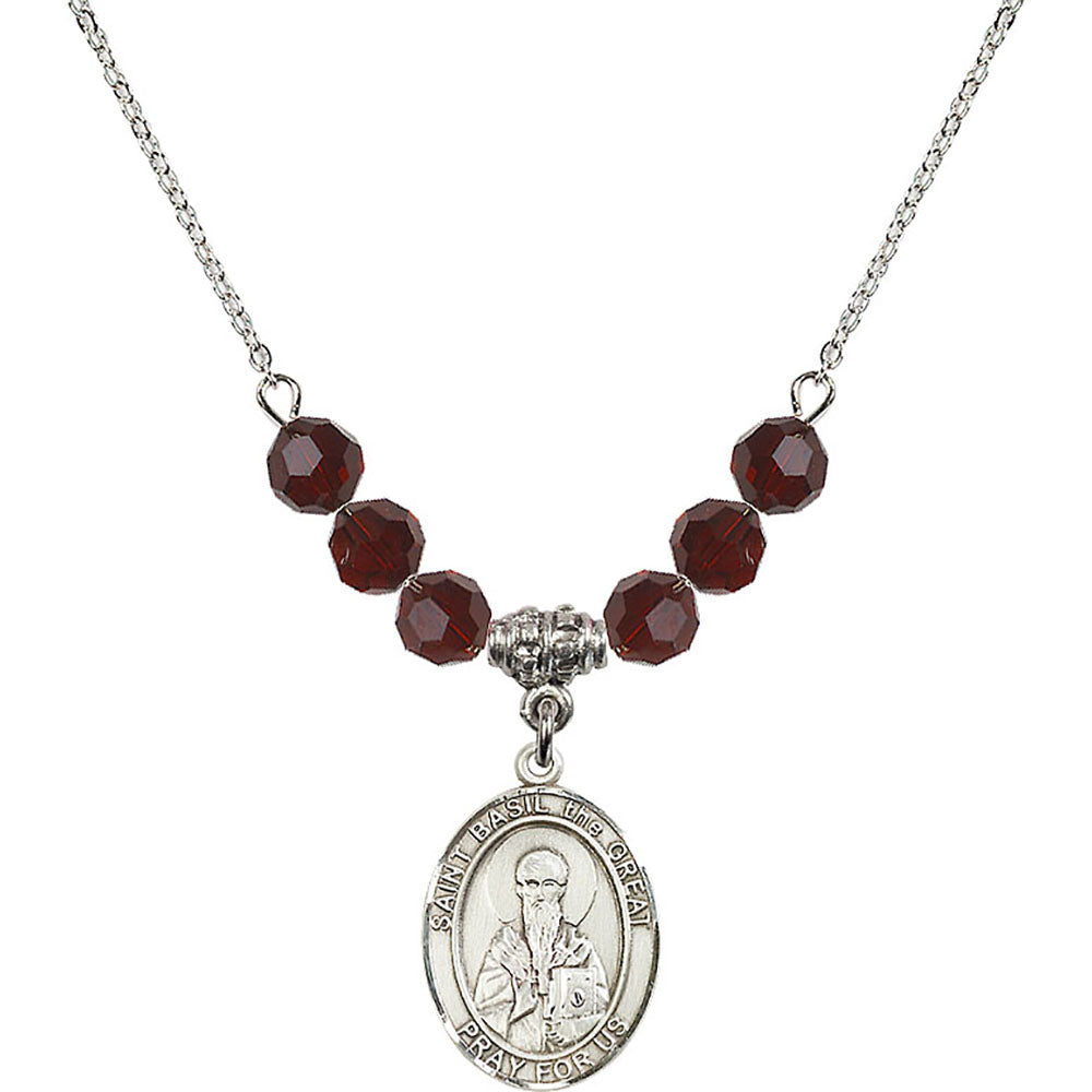 Sterling Silver Saint Basil the Great Birthstone Necklace with Garnet Beads - 8275