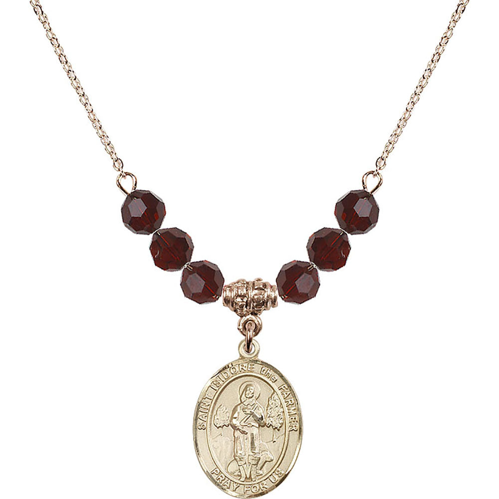 14kt Gold Filled Saint Isidore the Farmer Birthstone Necklace with Garnet Beads - 8276