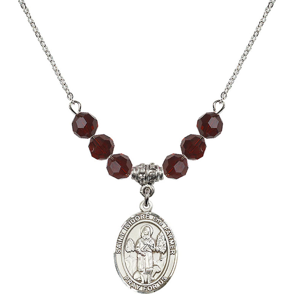 Sterling Silver Saint Isidore the Farmer Birthstone Necklace with Garnet Beads - 8276