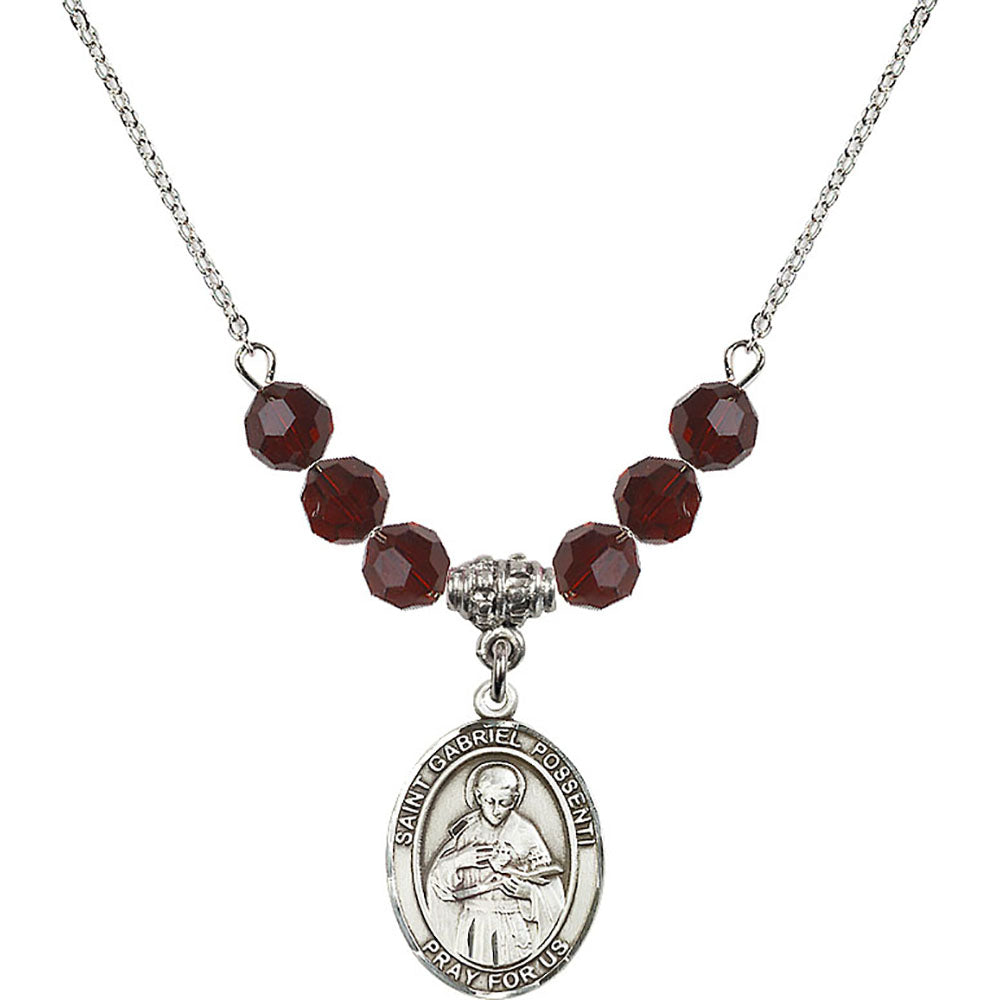 Sterling Silver Saint Gabriel Possenti Birthstone Necklace with Garnet Beads - 8279