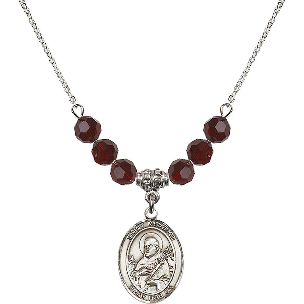Sterling Silver Saint Meinrad of Einsiedeln Birthstone Necklace with Garnet Beads - 8307