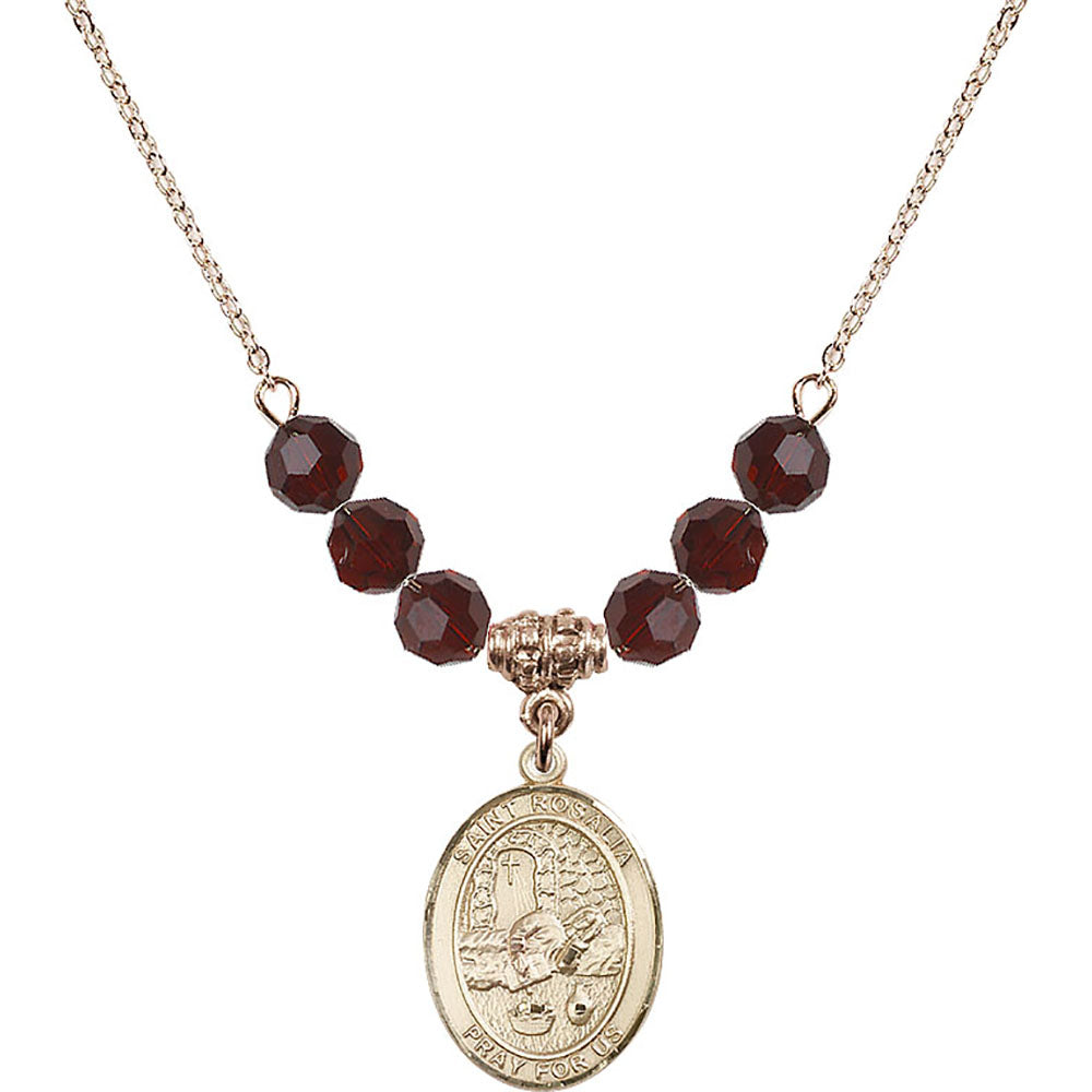 14kt Gold Filled Saint Rosalia Birthstone Necklace with Garnet Beads - 8309