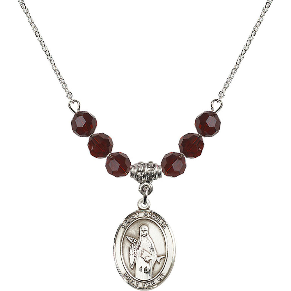 Sterling Silver Saint Amelia Birthstone Necklace with Garnet Beads - 8313