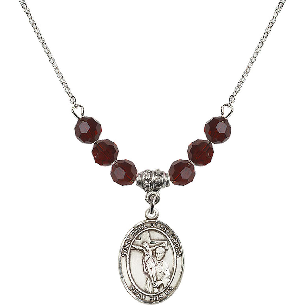 Sterling Silver Saint Paul of the Cross Birthstone Necklace with Garnet Beads - 8318
