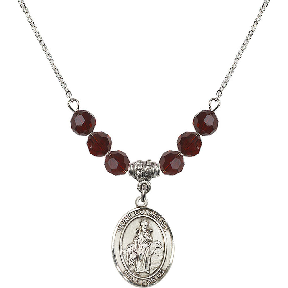 Sterling Silver Saint Cornelius Birthstone Necklace with Garnet Beads - 8325