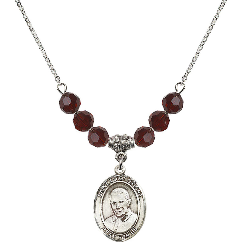Sterling Silver Saint Luigi Orione Birthstone Necklace with Garnet Beads - 8326