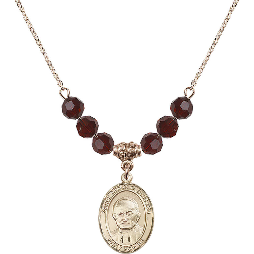 14kt Gold Filled Saint Arnold Janssen Birthstone Necklace with Garnet Beads - 8328