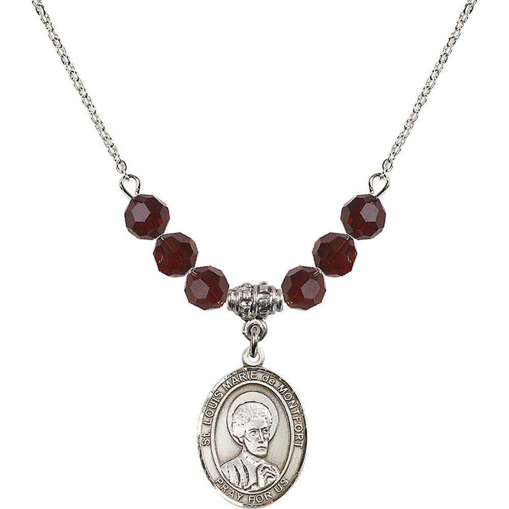 Sterling Silver Saint Louis Marie de Montfort Birthstone Necklace with Garnet Beads - 8330