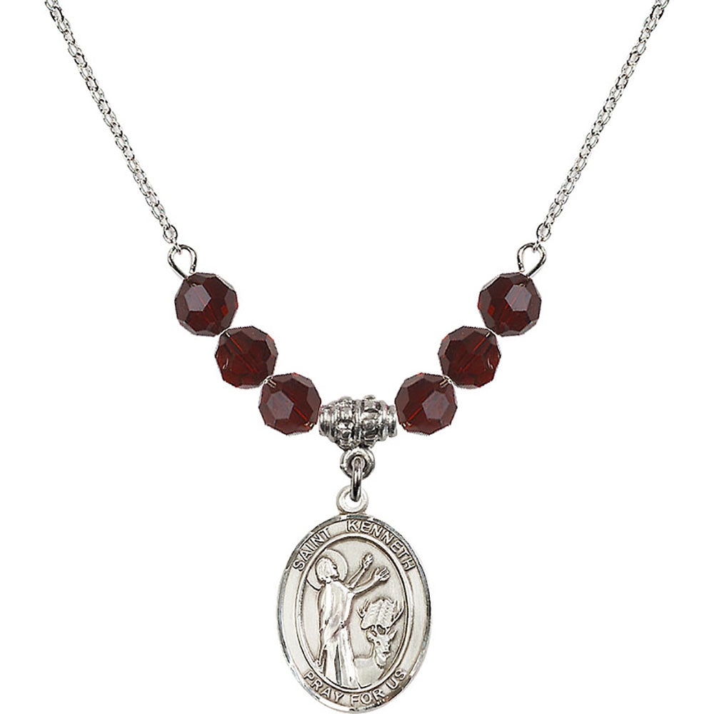 Sterling Silver Saint Kenneth Birthstone Necklace with Garnet Beads - 8332