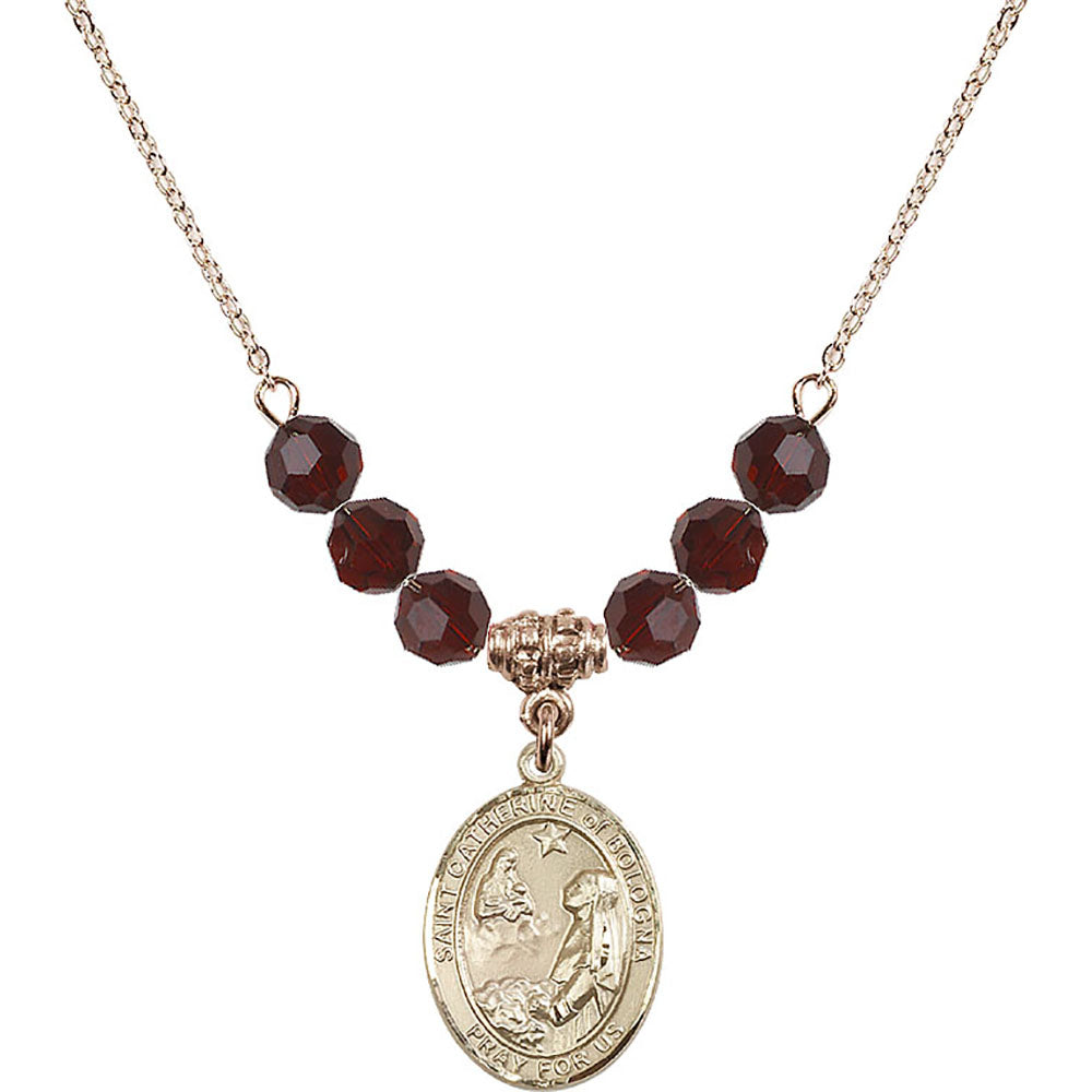 14kt Gold Filled Saint Catherine of Bologna Birthstone Necklace with Garnet Beads - 8354