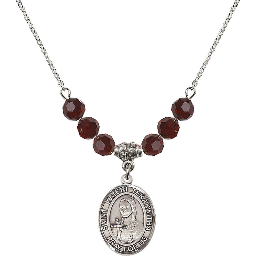 Sterling Silver Saint Kateri Tekakwitha Birthstone Necklace with Garnet Beads - 8438