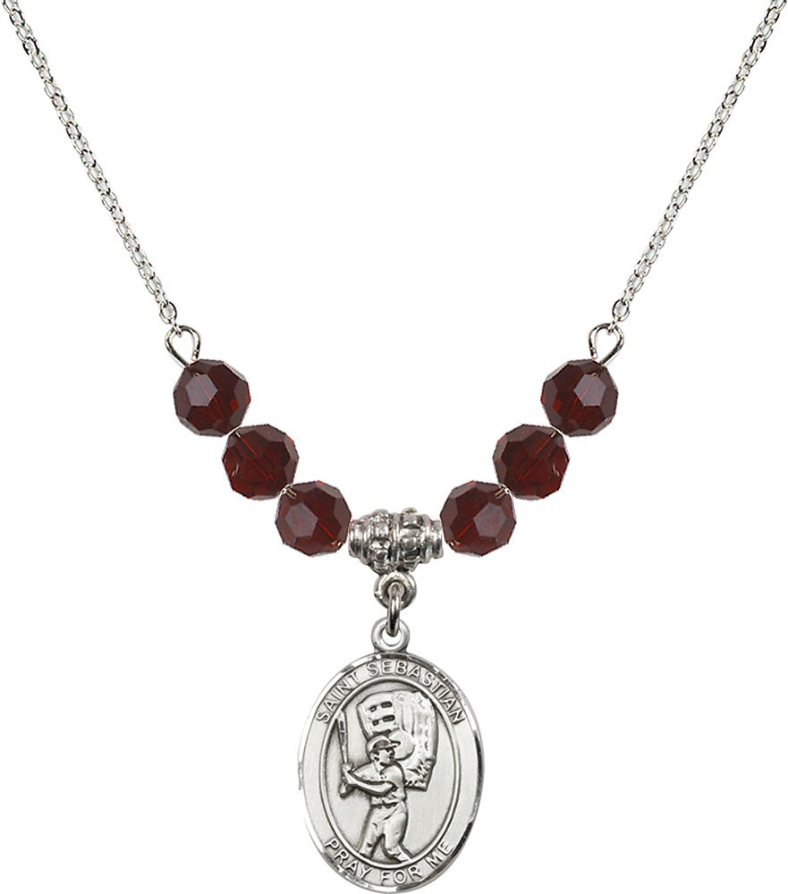 Sterling Silver Saint Sebastian / Baseball Birthstone Necklace with Garnet Beads - 8600