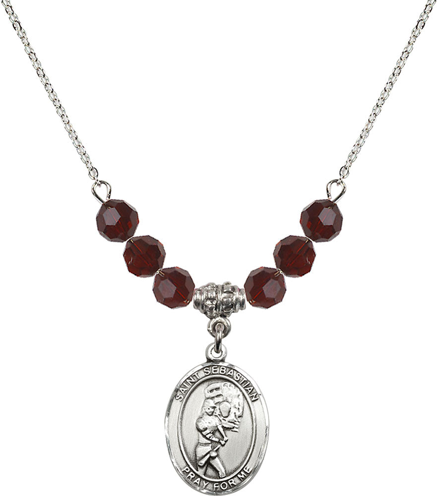 Sterling Silver Saint Sebastian/Softball Birthstone Necklace with Garnet Beads - 8607