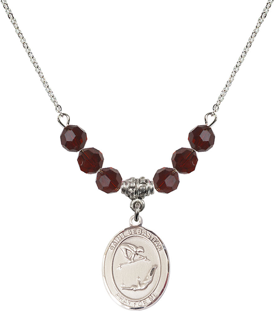 Sterling Silver Saint Sebastian/Gymnastics Birthstone Necklace with Garnet Beads - 8613