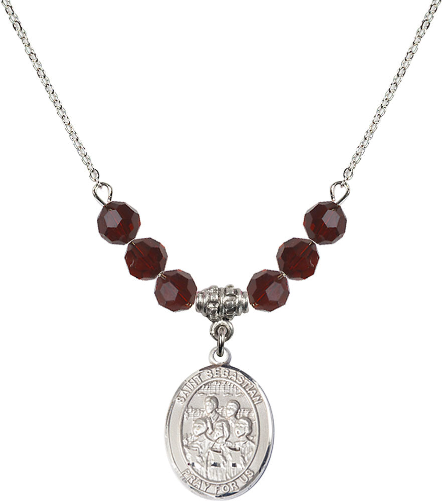 Sterling Silver Saint Sebastian / Choir Birthstone Necklace with Garnet Beads - 8614