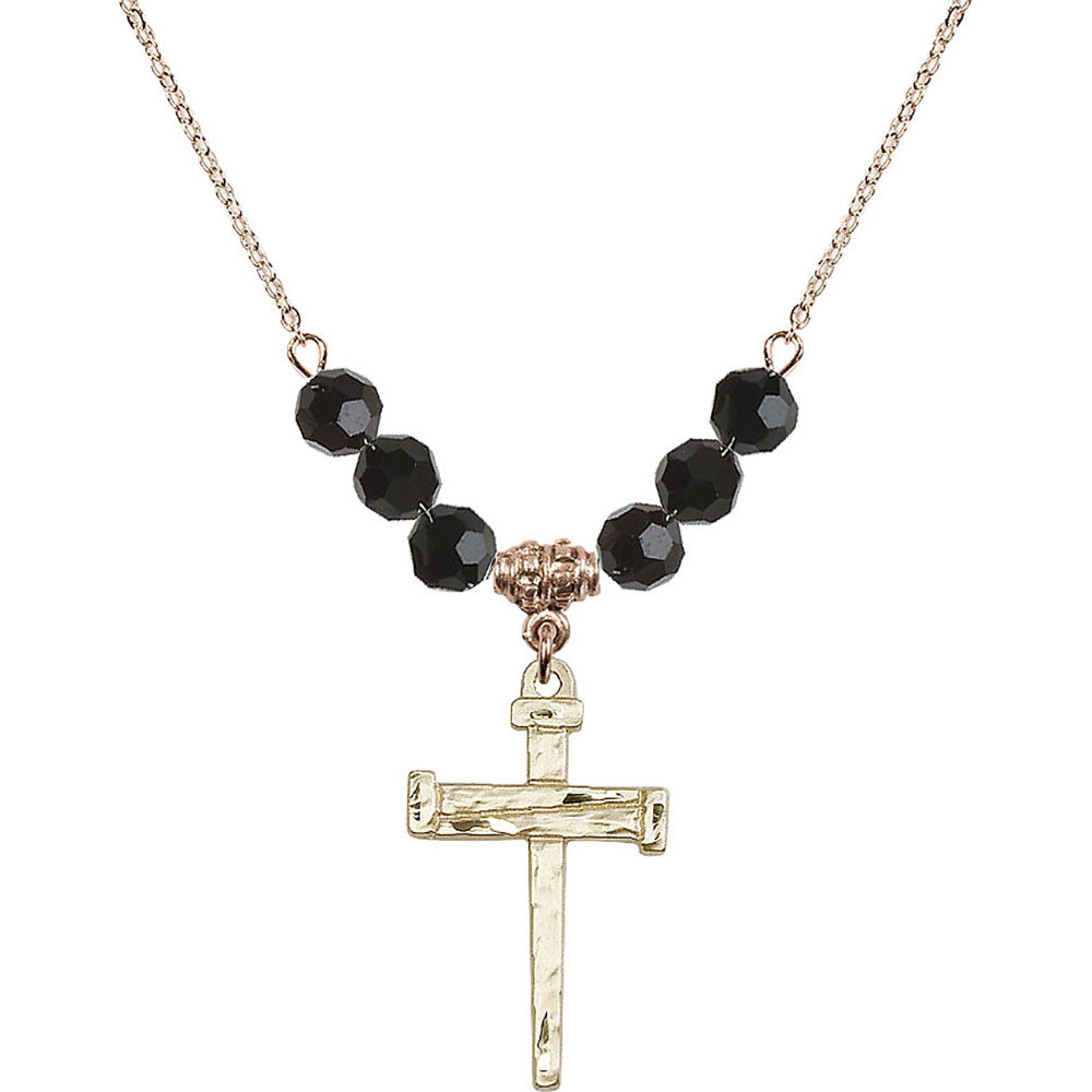 14kt Gold Filled Nail Cross Birthstone Necklace with Jet Beads - 0013