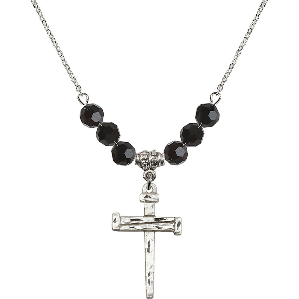 Sterling Silver Nail Cross Birthstone Necklace with Jet Beads - 0013