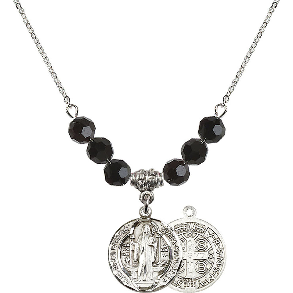 Sterling Silver Saint Benedict Birthstone Necklace with Jet Beads - 0026