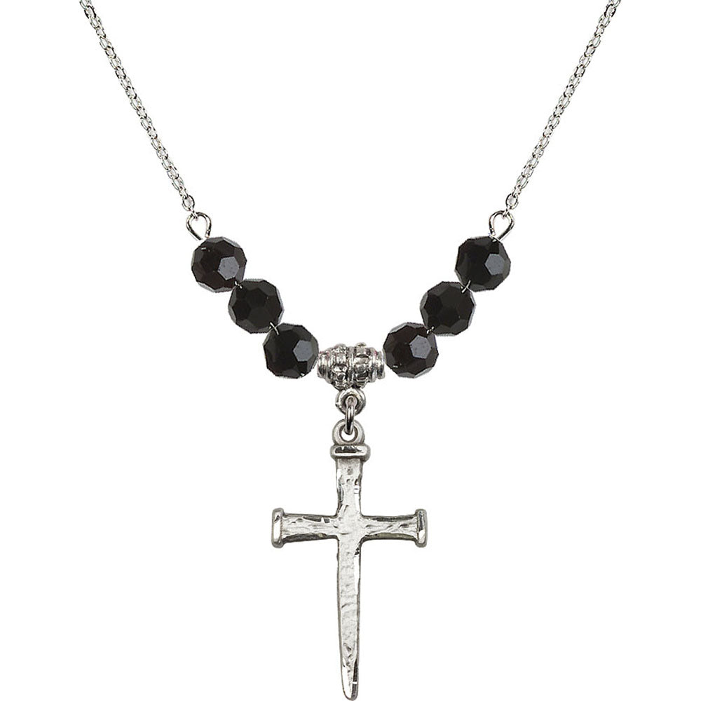 Sterling Silver Nail Cross Birthstone Necklace with Jet Beads - 0085