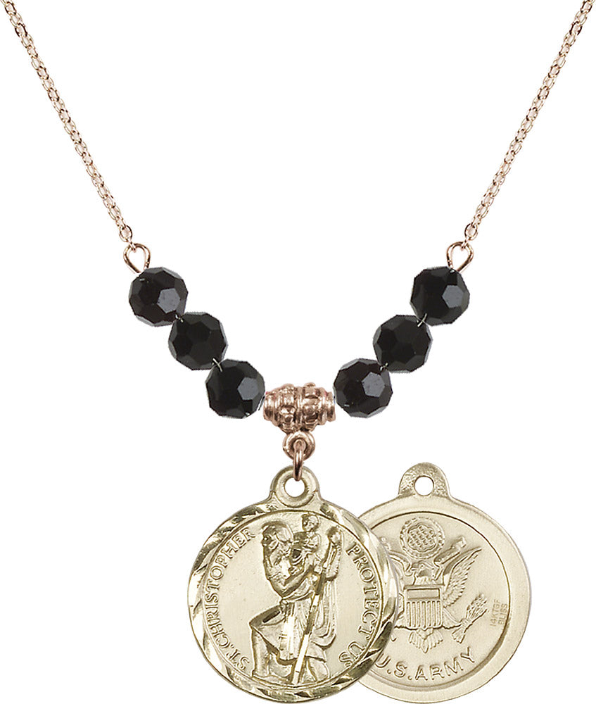 14kt Gold Filled Saint Christopher / Army Birthstone Necklace with Jet Beads - 0192